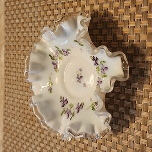 Vintage Milk Glass silver crest bowl with violets